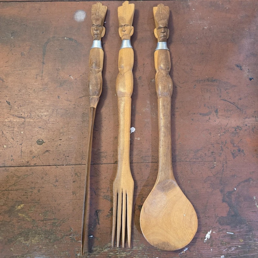 Vintage Hand Carved‎ Wooden Utensil Set Tribal African Decor Art Spoon Fork